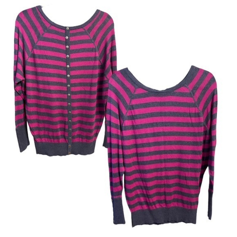 Lg Derek Heart Striped Casual Button Back or Front Knit Long‎ Ribbed Sleeve Top